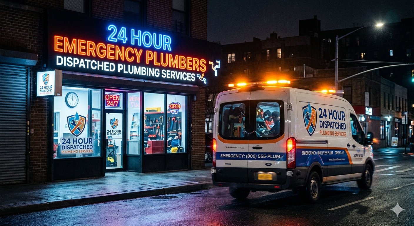 Emergency plumbing dispatch van responding to a burst pipe call at night